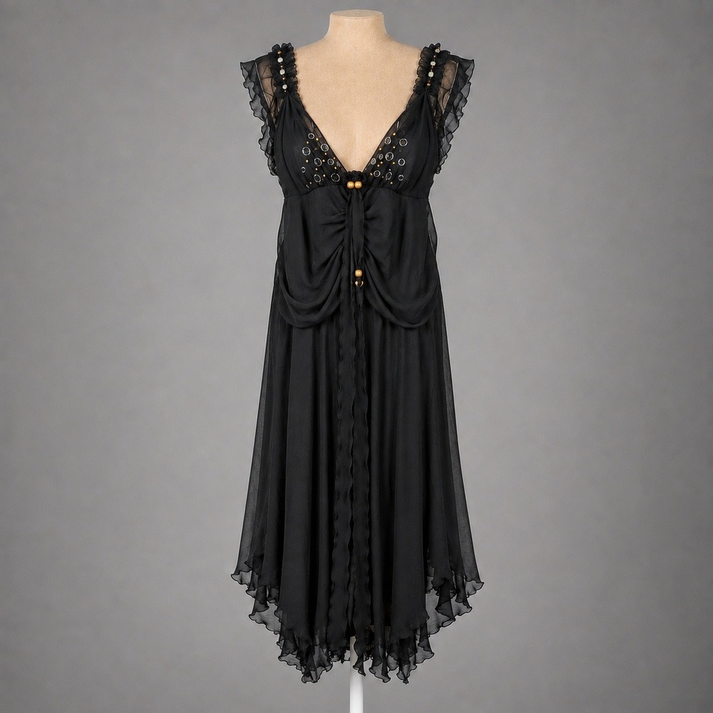Vintage Y2K Handkerchief Hem Maxi Dress Size 16 Black Whimsigoth Fairy Ruffle